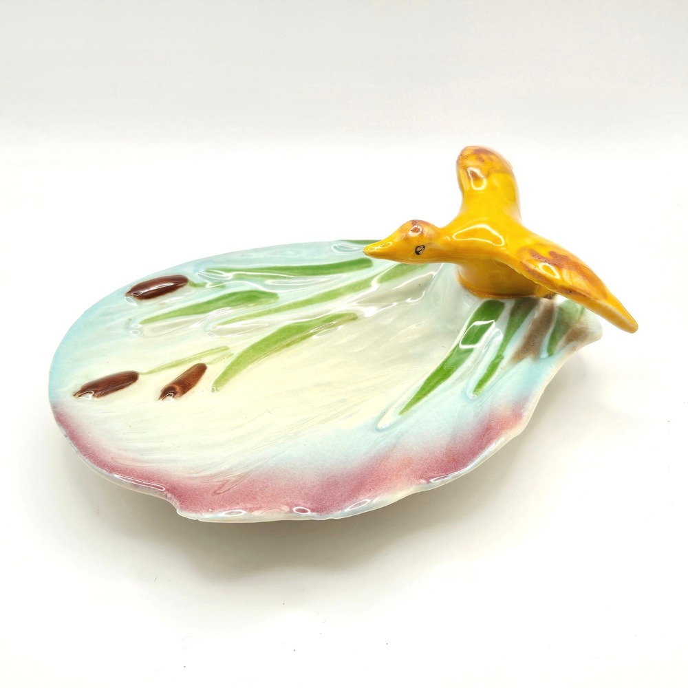 OPCO 1940s Zanesville Ceramic Trinket Dish Yellow Duck Cattails Water Vintage‎